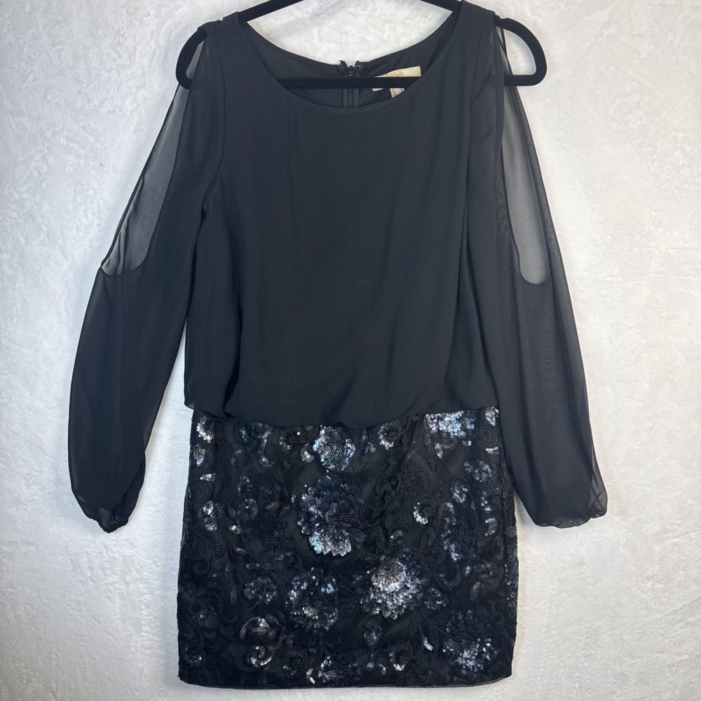 Aidan Mattox Black Sequin Evening Mini Dress Long Split Sleeve Sz 6